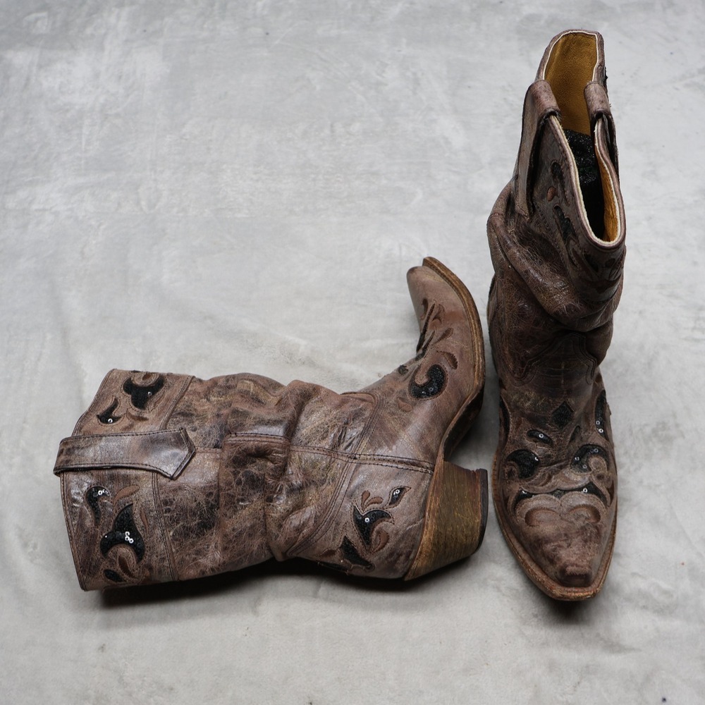 Corral Boots Women 8.5M Western Boots Brown Leather Pull On Tall Top Glam B004